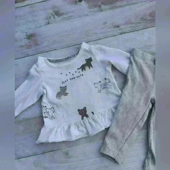 Carter's Baby Girl Leopard Print Cat Top With Tan Stretch Pants Size 6 Months - Picture 2 of 7